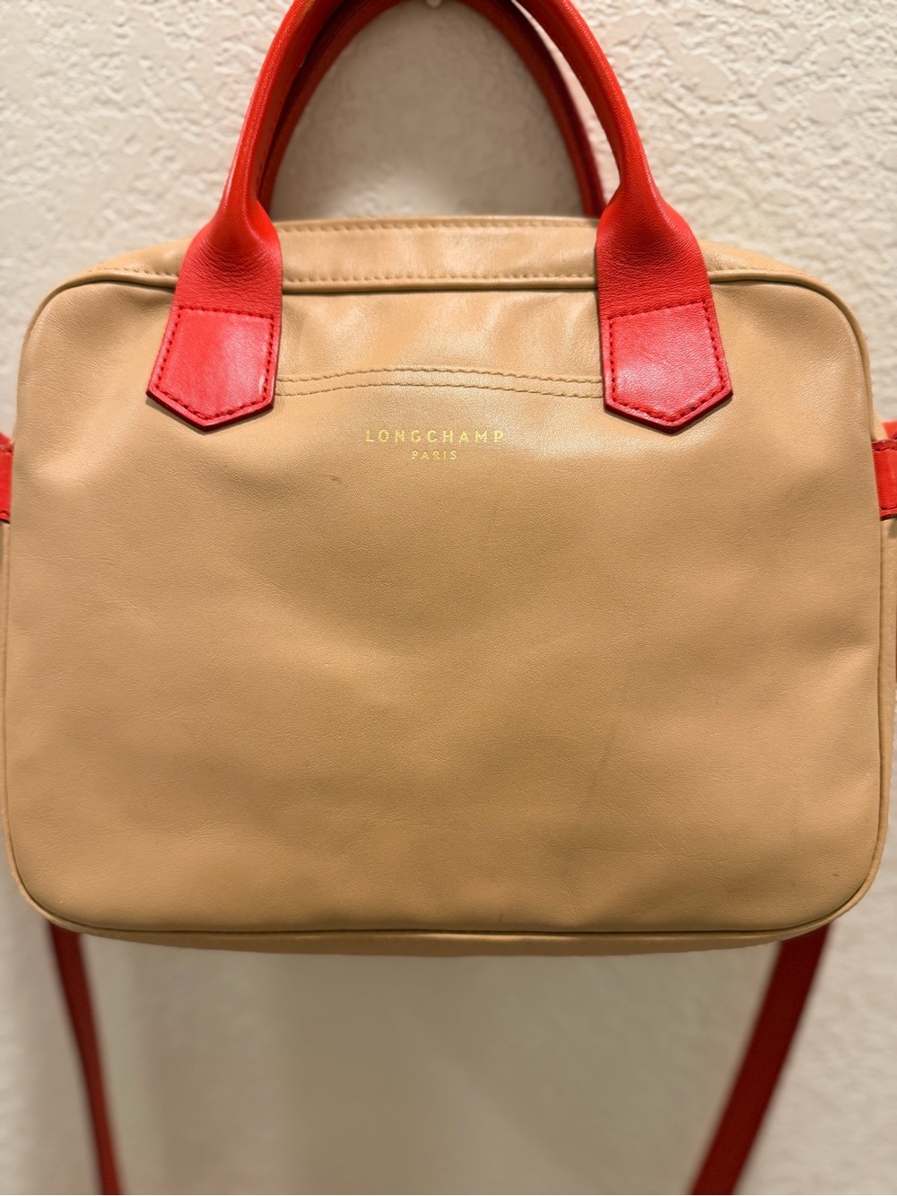 Longchamp Beige and Red Leather Satchel Handbag - Picture 7 of 14